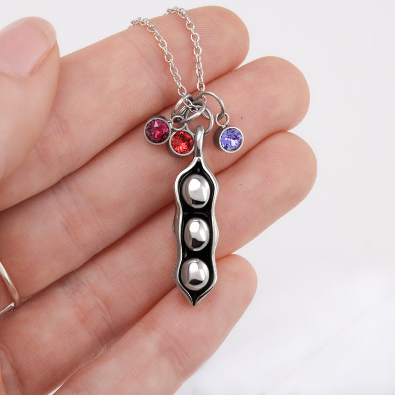 Three Peas in A Pod Necklace With Birthstones Personalized 4 Etsy