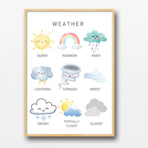 Póster educativo del clima para la sala de juegos de niños pequeños y niños, Montessori, póster educativo, impresiones para el hogar y la escuela, arte mural infantil.