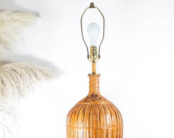 Vintage Tall Woven Rattan Lamp, Table Lamp, Wicker Boho Brown Lamp, Home Decor