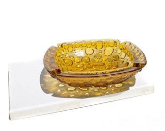 Vintage Amber Bubble Glass Kidney Bowl, MCM Blenko Amber Pebble Bubble Ashtray