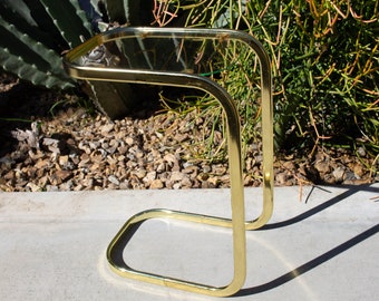 1 of 2 Vintage Milo Baughman Style Brass and Glass Side Tables, Mid Century Modern, Cantilever Side End Tables