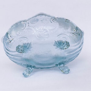 Vintage Aqua Blue Jeannette Glass Company Lombardi Serving Dish, Pressed Glass, Floral Design Centerpiece, Fruit Bowl, Vintage Glassware image 5