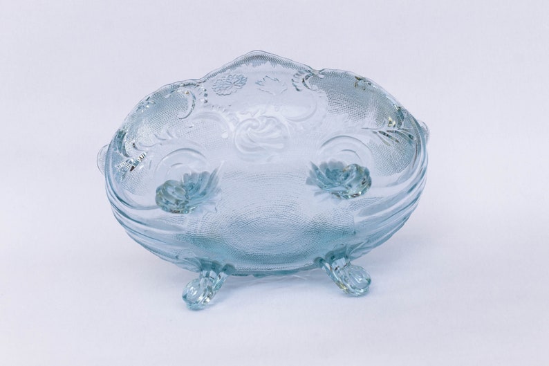 Vintage Aqua Blue Jeannette Glass Company Lombardi Serving Dish, Pressed Glass, Floral Design Centerpiece, Fruit Bowl, Vintage Glassware image 5