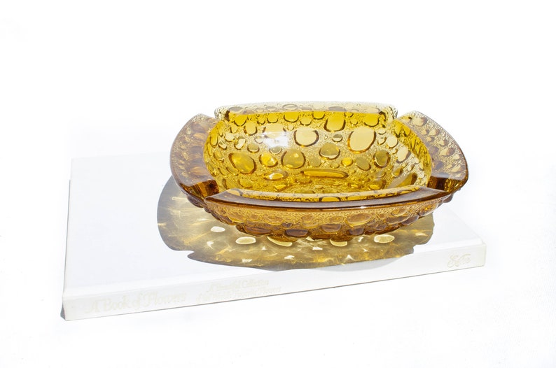 Vintage Amber Bubble Glass Kidney Bowl, MCM Blenko Amber Pebble Bubble Ashtray image 2