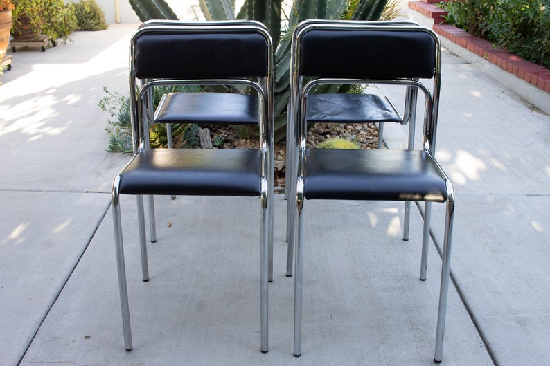 1 of 4 Vintage Tubular Chairs, Bauhaus Black Tubular Dining Chair, Chrome Mid Century Modern, Space Age, Chrome Stacking Chairs image 2