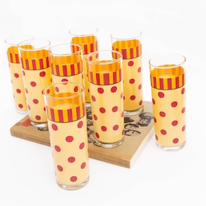 Set of 4 Vintage Gail Pittman Red Polka Dot and Butterscotch Glasses, Collins Highball Glasses, Vintage Glassware, Kitchen Glass Tumblers