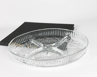 Vintage Hand Cut Crystal Glass Tray, Vintage Glassware, Oval Shaped Dish Made of Hand Cut Crystal Glass