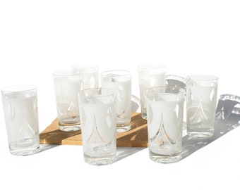 Set of 8 White MCM Tumblers, Mid Century Modern Cocktail Glasses, Atomic Highball Barware, Water Tea Collins, Vintage Glassware