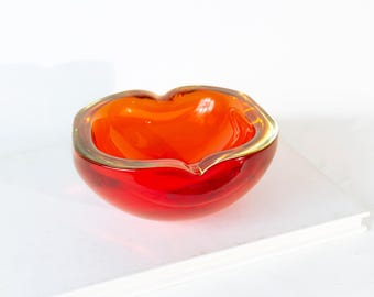 Vintage Rot und Gelb Murano Glas Aschenbecher / Schüssel, Murano Kunst Glas Geode Schüssel, Vintage Glas