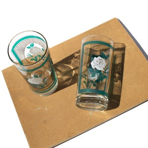 Set of 2 or 6 Vintage Libbey Glassware Vintage Teal and Gold Highball, Drinking Glasses, Turquoise Rose Atomic Glasses, Vintage Glassware