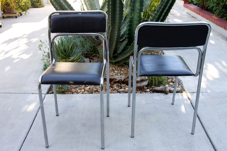 1 of 4 Vintage Tubular Chairs, Bauhaus Black Tubular Dining Chair, Chrome Mid Century Modern, Space Age, Chrome Stacking Chairs image 4