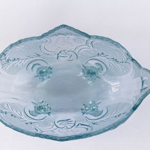 Vintage Aqua Blue Jeannette Glass Company Lombardi Serving Dish, Pressed Glass, Floral Design Centerpiece, Fruit Bowl, Vintage Glassware image 6