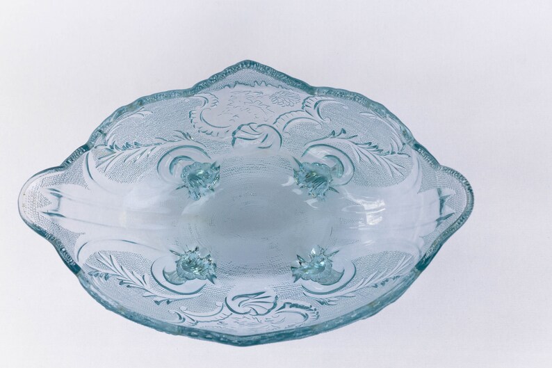 Vintage Aqua Blue Jeannette Glass Company Lombardi Serving Dish, Pressed Glass, Floral Design Centerpiece, Fruit Bowl, Vintage Glassware image 6