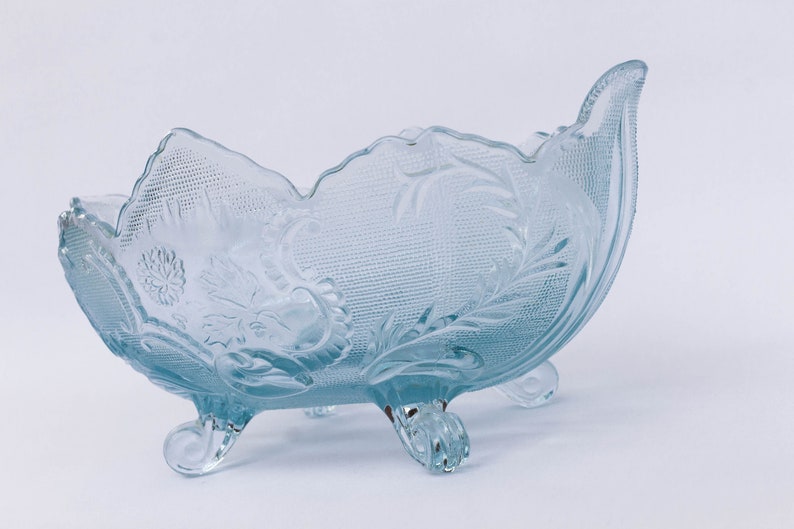 Vintage Aqua Blue Jeannette Glass Company Lombardi Serving Dish, Pressed Glass, Floral Design Centerpiece, Fruit Bowl, Vintage Glassware image 3