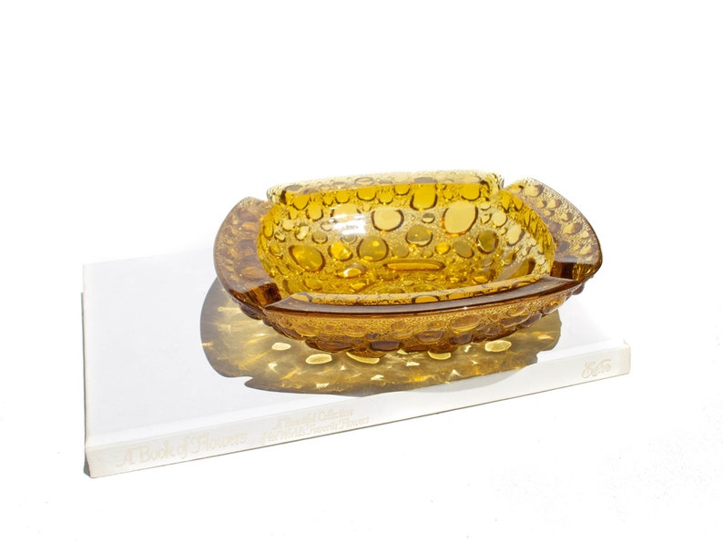 Vintage Amber Bubble Glass Kidney Bowl, MCM Blenko Amber Pebble Bubble Ashtray image 1