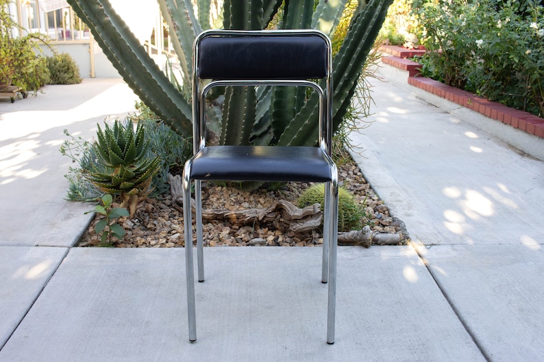 1 of 4 Vintage Tubular Chairs, Bauhaus Black Tubular Dining Chair, Chrome Mid Century Modern, Space Age, Chrome Stacking Chairs image 5