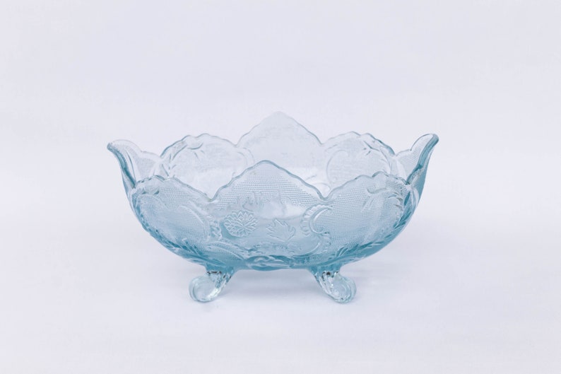 Vintage Aqua Blue Jeannette Glass Company Lombardi Serving Dish, Pressed Glass, Floral Design Centerpiece, Fruit Bowl, Vintage Glassware image 2