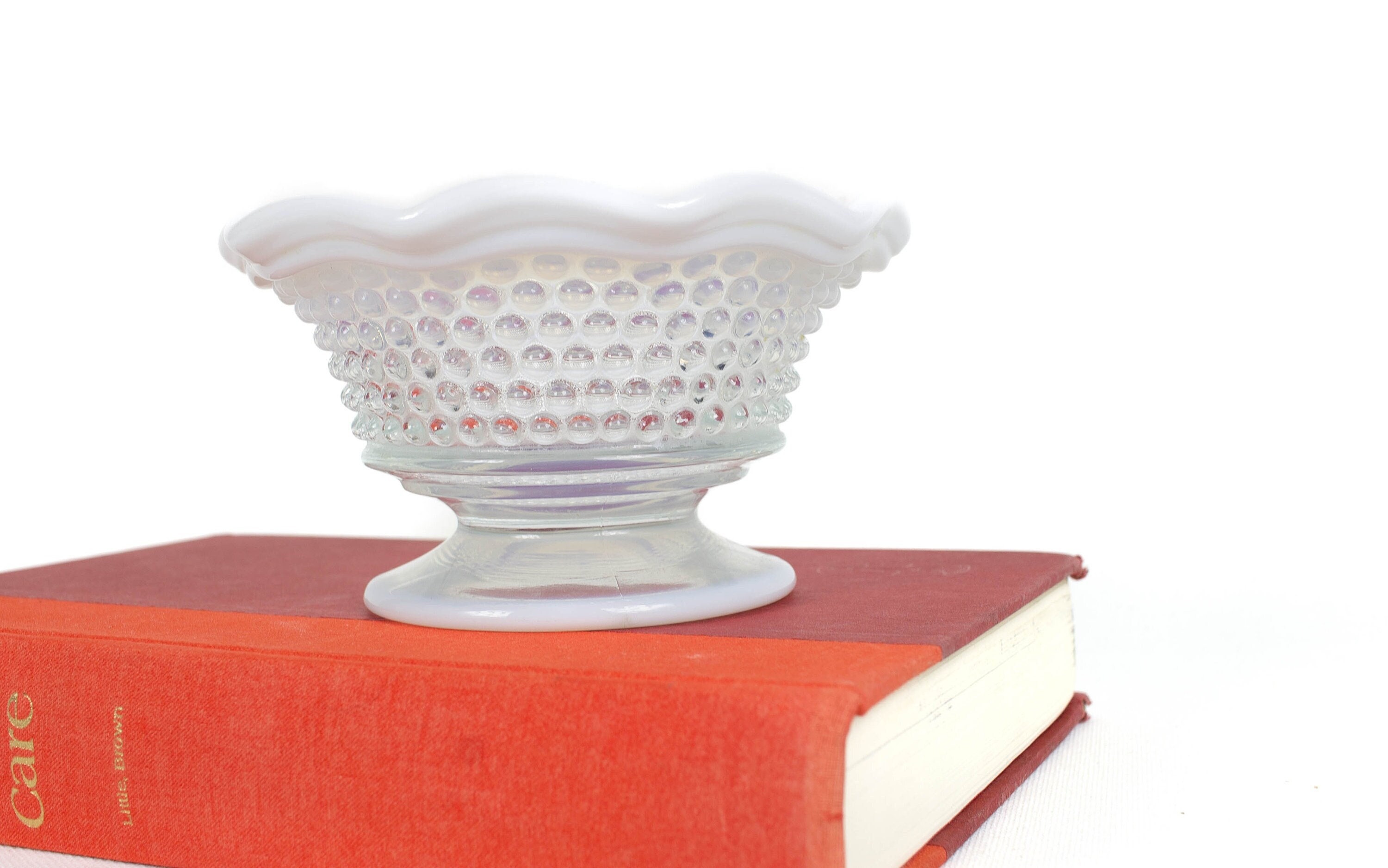 Vintage Fenton Glas Schmuckschale, opaleszierende klare Hobnail und pastellweiße Schale, Glasdekor, Ringschale,