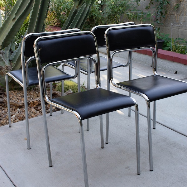 1 of 4 Vintage Tubular Chairs, Bauhaus Black Tubular Dining Chair, Chrome Mid Century Modern, Space Age, Chrome Stacking Chairs