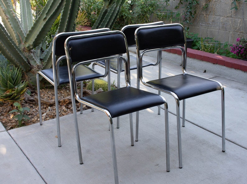 1 of 4 Vintage Tubular Chairs, Bauhaus Black Tubular Dining Chair, Chrome Mid Century Modern, Space Age, Chrome Stacking Chairs image 1