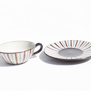 Set of 6 Vintage RAS Danish Vint Striped Slate Blue & Sepia Porcelain Cup/Saucer, RAS Mid Century China, Vintage Pottery