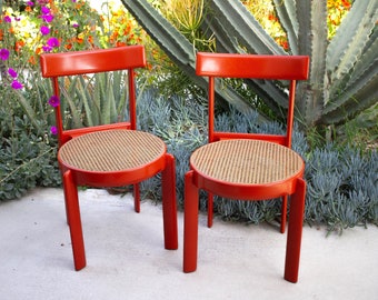 1 von 4 Vintage-Stühlen aus Orange und Korbgeflecht, Willy Rizzo für Mario Sabot, italienische Stühle aus Holz und Rohrgeflecht