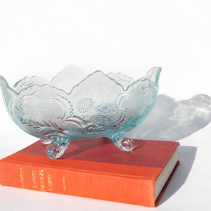 Vintage Aqua Blue Jeannette Glass Company Lombardi Serving Dish, Pressed Glass, Floral Design Centerpiece, Fruit Bowl, Vintage Glassware image 1