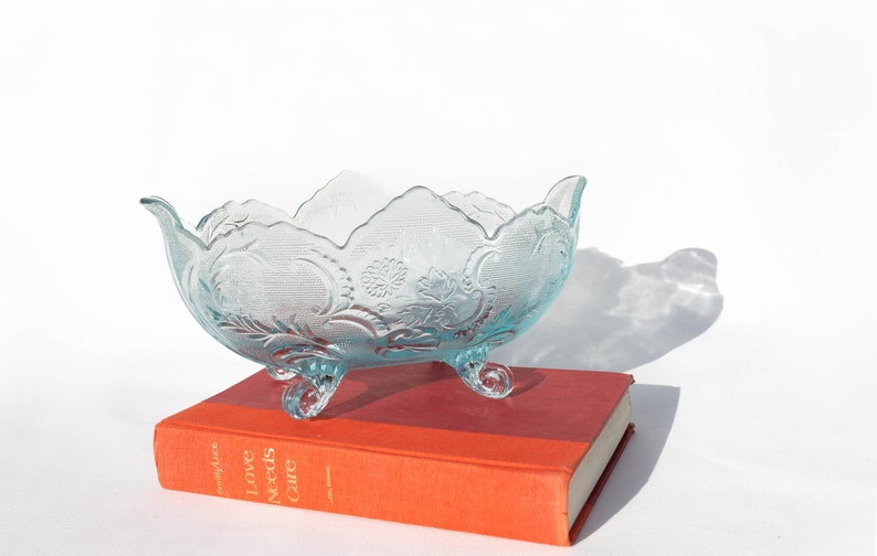 Vintage Aqua Blue Jeannette Glass Company Lombardi Serving Dish, Pressed Glass, Floral Design Centerpiece, Fruit Bowl, Vintage Glassware image 1