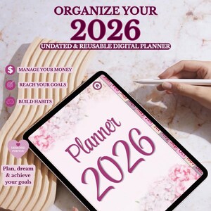 Puede incluir: Un planificador digital para 2026 con el texto "Planner 2026" en una fuente elegante. La imagen incluye las frases "Organiza Tu", "Planificador Digital Sin Fecha y Reutilizable", y "Planifica, sueña y alcanza tus metas".