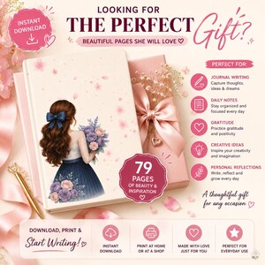 Puede incluir: Una plantilla de diario digital con una ilustración de portada de una persona con cabello largo castaño y un lazo azul sosteniendo un ramo de flores. El diseño incluye texto como 79 PAGES OF BEAUTY & INSPIRATION, DOWNLOAD, PRINT & START WRITING e iconos.