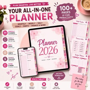 Puede incluir: Un conjunto de planificador digital para 2026 mostrado en una tableta y un teléfono inteligente, con detalles florales rosas y diseños mensuales, semanales y diarios. Incluye rastreadores de hábitos, índice financiero y pestañas con enlaces.