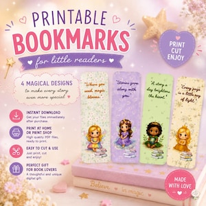Puede incluir: Cuatro marcapáginas imprimibles con ilustraciones de hadas y citas: Where you seed, magic blooms; Stories grow along with you; A story a day brightens the heart; Every page is a little ray of light. El texto incluye Printable Bookmarks for little readers.