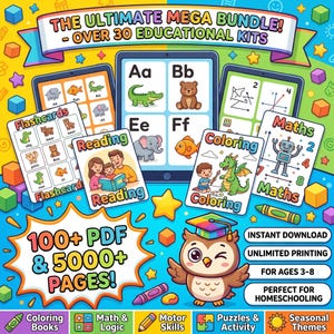 Puede incluir: Un paquete educativo digital con tabletas que muestran tarjetas didácticas, lecturas, páginas para colorear y ejercicios de matemáticas. Un búho con birrete aparece bajo el texto THE ULTIMATE MEGA BUNDLE! 100+ PDF & 5000+ PAGES!