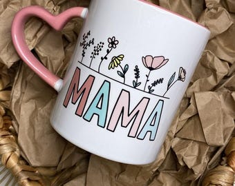 Mama Floral Keramiktasse, Mutter Geschenk, rosa Herz Griff, 11 Unze