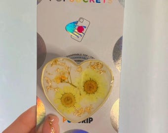 Poignée de téléphone en résine faite main avec fleurs pressées | PopSocket ou option de base générique