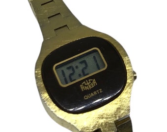 Vintage Anker wrist watch digital LCD quartz gold plated stainless steel back women ladies watch end 1970s very rare