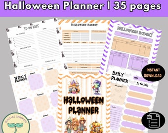 May include: A printable Halloween planner with 35 pages. The cover features a cute illustration of three children dressed in Halloween costumes, pumpkins, and a monster. The planner includes sections for to-do lists, weekly and daily planning, and budgeting.
