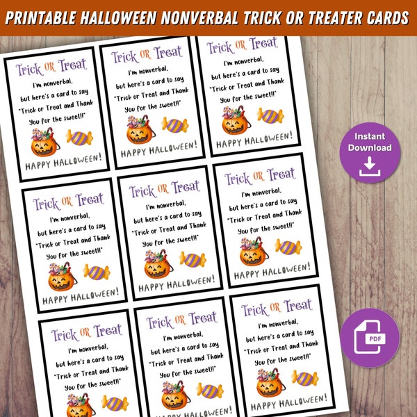 Cartes d’astuces ou de traitements non verbales imprimables pour Halloween, autisme, non verbales, besoins spéciaux, cartes de remerciement