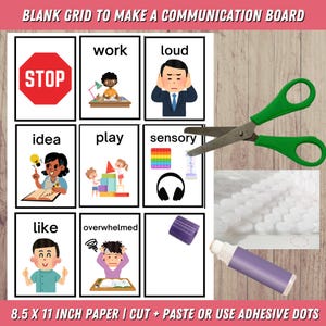 There's a blank grid page to paste or use adhesive dots on. You can cut the communication cards and put them on the blank grid. Shows scissors, adhesive dots, and glue stick.