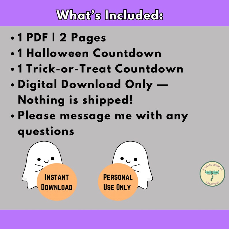 Puede incluir: Una lista de descarga digital para dos cuenta atr&aacute;s de Halloween imprimibles. La lista incluye una cuenta atr&aacute;s de Halloween y una cuenta atr&aacute;s para pedir dulces. La lista es para uso personal &uacute;nicamente y es una descarga instant&aacute;nea. La imagen presenta dos fantasmas con texto que dice "Descarga instant&aacute;nea" y "Uso personal &uacute;nicamente".