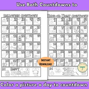 Puede incluir: Dos cuentas atr&aacute;s de Halloween imprimibles con ilustraciones en blanco y negro de fantasmas, calabazas, murci&eacute;lagos, brujas y caramelos. Las cuentas atr&aacute;s est&aacute;n etiquetadas como "Halloween Countdown" y "Trick-or-Treat Countdown".  Colorea una imagen al d&iacute;a para contar hacia atr&aacute;s hasta Halloween.