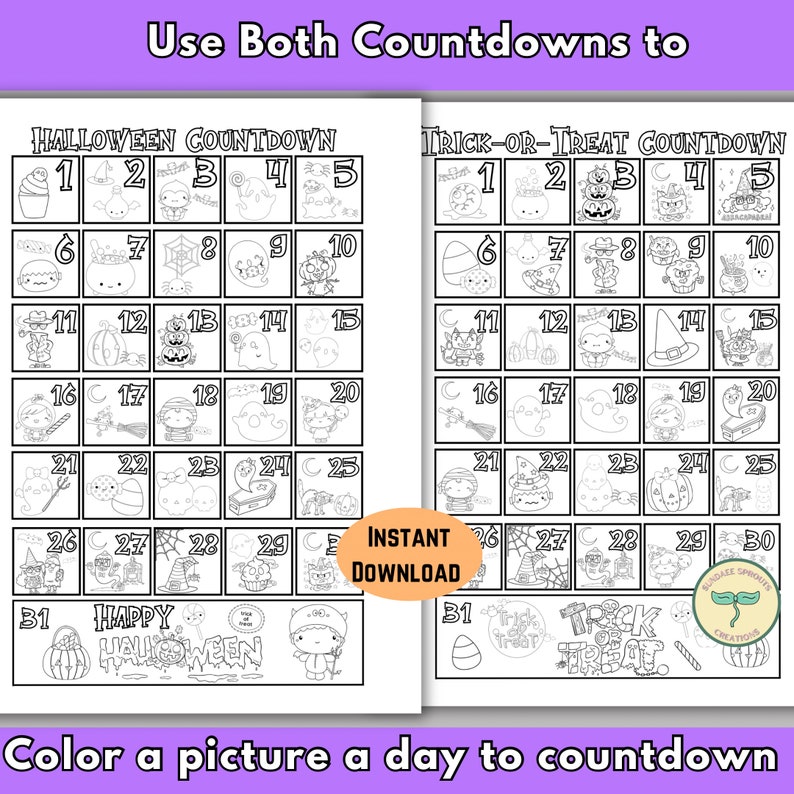Puede incluir: Dos cuentas atr&aacute;s de Halloween imprimibles con ilustraciones en blanco y negro de fantasmas, calabazas, murci&eacute;lagos, brujas y caramelos. Las cuentas atr&aacute;s est&aacute;n etiquetadas como "Halloween Countdown" y "Trick-or-Treat Countdown".  Colorea una imagen al d&iacute;a para contar hacia atr&aacute;s hasta Halloween.