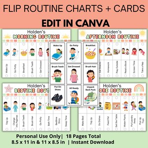 Bewerkbare flip-routinekaart voor kinderen Afdrukbare en dagelijkse routinekaarten, dagschema voor kinderen, autismeroutine, visuele hulpmiddelen, karweikaart voor peuters