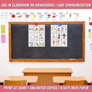 Shows a classroom with a blackboard and desks. Two of the communication cards sheets are hanging on the blackboard. Use for communication in the home or classroom