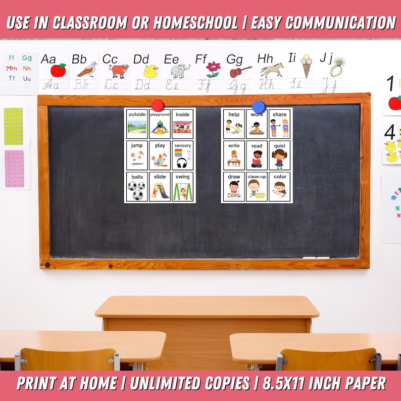 Shows a classroom with a blackboard and desks. Two of the communication cards sheets are hanging on the blackboard. Use for communication in the home or classroom
