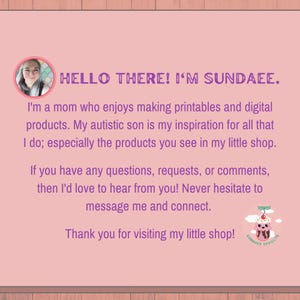 Pu&ograve; includere: Un'illustrazione digitale rosa e bianca di una donna sorridente su uno sfondo rosa. Il testo "HELLO THERE! I'M SUNDAEE." &egrave; in testo viola. Il testo sottostante recita: "Sono una mamma che ama creare stampe e prodotti digitali. Mio figlio autistico &egrave; la mia ispirazione per tutto ci&ograve; che faccio; in particolare i prodotti che vedi nel mio piccolo negozio. Se hai domande, richieste o commenti, mi piacerebbe sentirti! Non esitare a contattarmi. Grazie per aver visitato il mio piccolo negozio!" Il testo "SUNDAEE SPROUTS" &egrave; in una nuvola bianca con un cono gelato rosa e una ciliegia in cima.