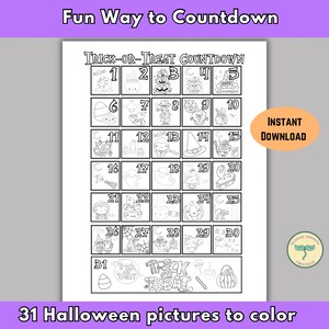 Puede incluir: Un calendario de cuenta atr&aacute;s imprimible en blanco y negro para Halloween con 31 im&aacute;genes diferentes para colorear. El calendario presenta una variedad de temas de Halloween, incluyendo fantasmas, calabazas, murci&eacute;lagos, brujas y dulces.