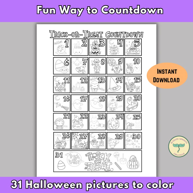 Puede incluir: Un calendario de cuenta atr&aacute;s imprimible en blanco y negro para Halloween con 31 im&aacute;genes diferentes para colorear. El calendario presenta una variedad de temas de Halloween, incluyendo fantasmas, calabazas, murci&eacute;lagos, brujas y dulces.