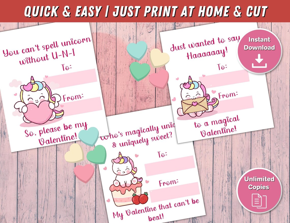 Printable Unicorn Valentines Day Cards, Kids Valentine, School Valentine, Printable Valentine ...