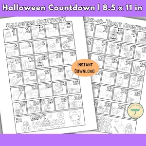 Puede incluir: Calendario de cuenta atr&aacute;s de Halloween imprimible en blanco y negro con ilustraciones de fantasmas, calabazas, murci&eacute;lagos y otros personajes de Halloween. El calendario mide 8,5 pulgadas por 11 pulgadas e incluye el texto "Halloween Countdown" y "Trick-or-Treat Countdown".